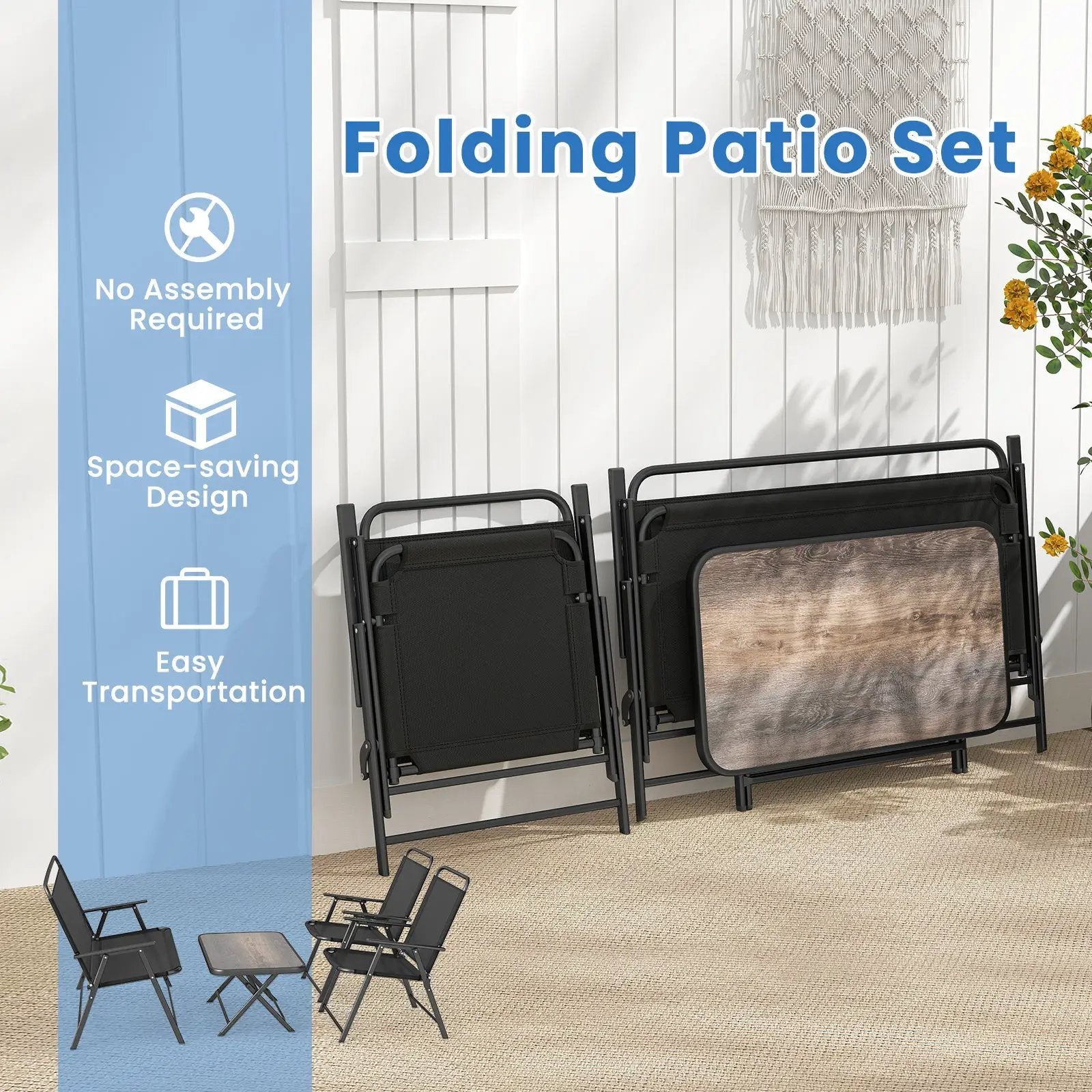 4 Pieces Patio Folding Furniture Set with SPC Coffee Table and Patio Chairs-Black by DirectDeals