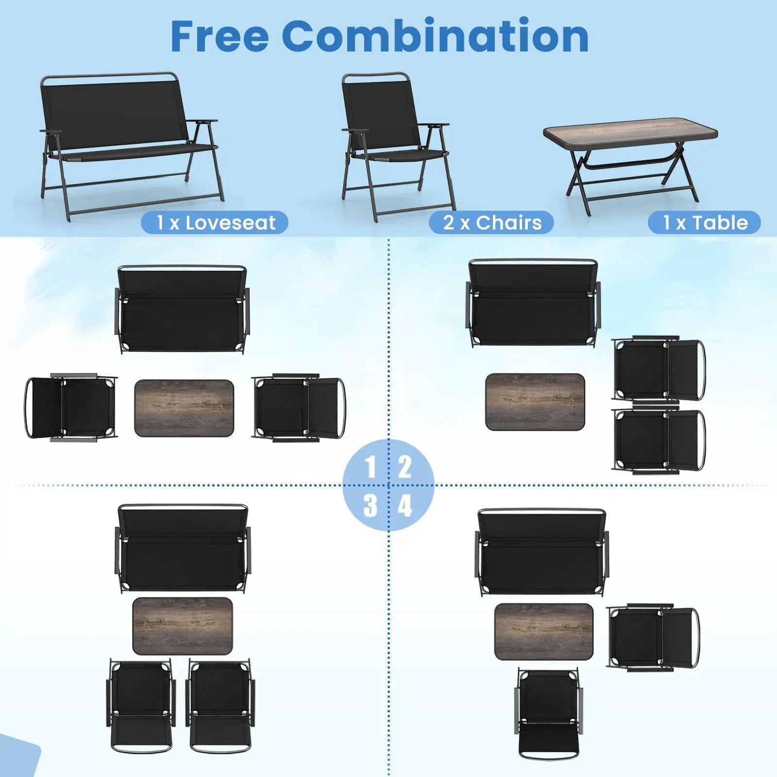 4 Pieces Patio Folding Furniture Set with SPC Coffee Table and Patio Chairs-Black by DirectDeals