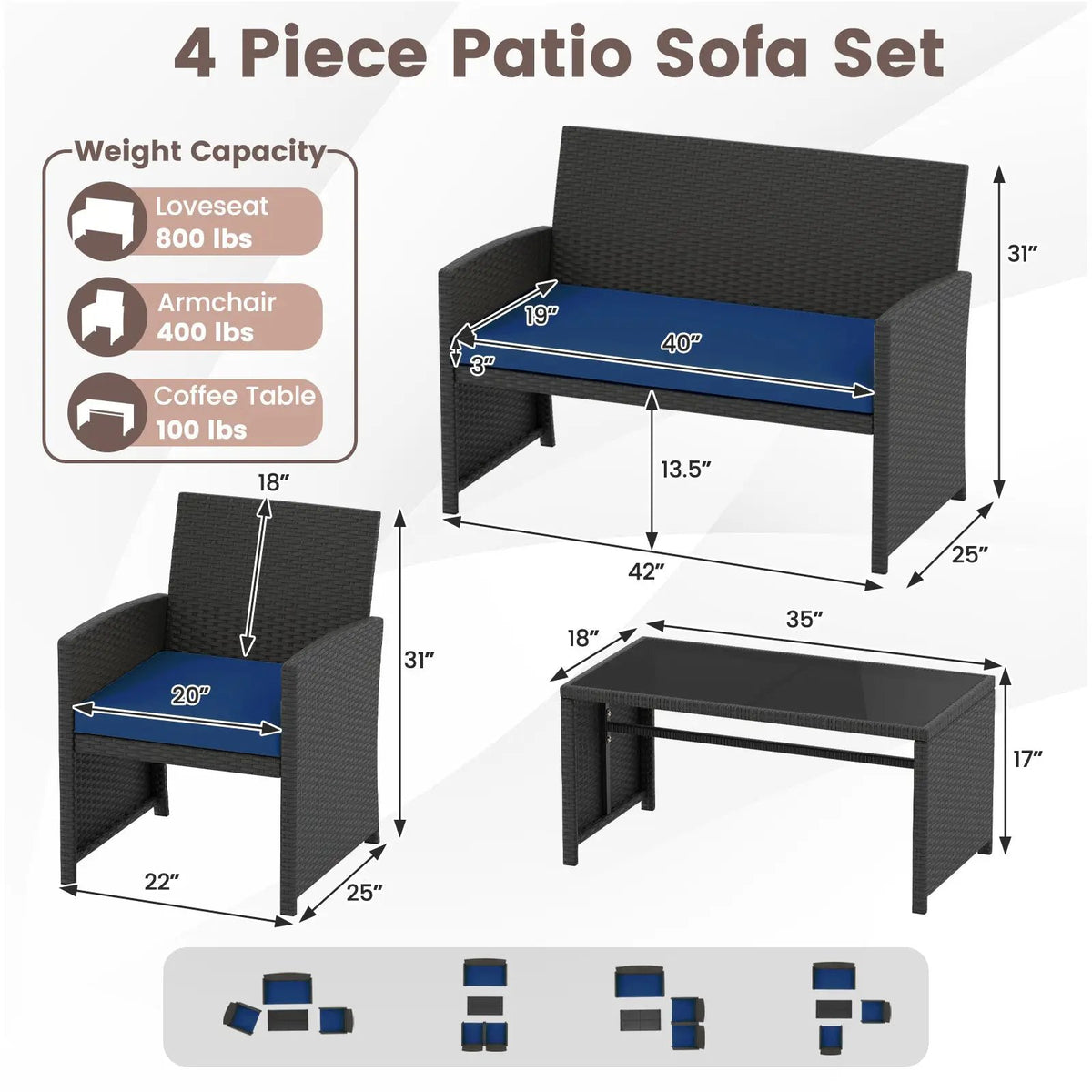 4 Pieces Patio Furniture Set with Tempered Glass Tabletop and Removable Cushion, photo 24 of 40
