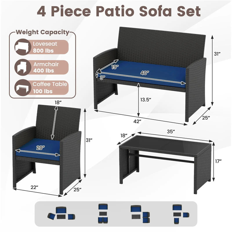4 Pieces Patio Furniture Set with Tempered Glass Tabletop and Removable Cushion by DirectDeals