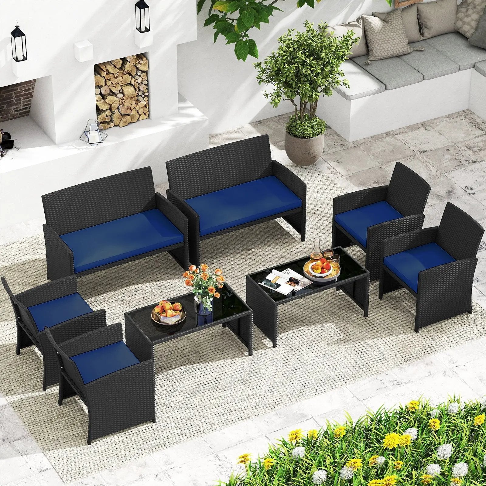 4 Pieces Patio Furniture Set with Tempered Glass Tabletop and Removable Cushion by DirectDeals