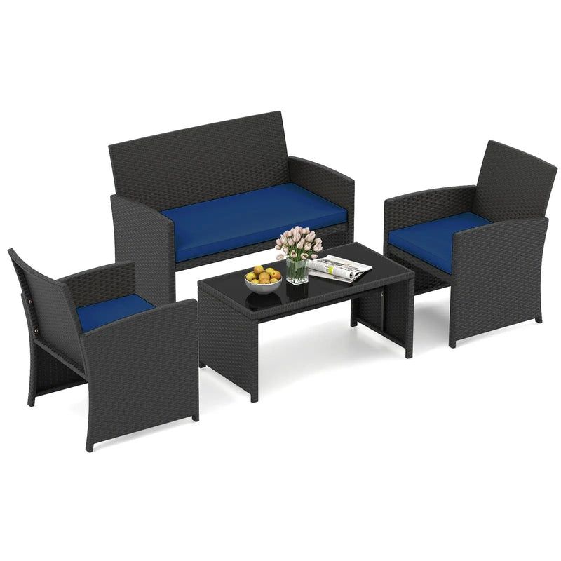 4 Pieces Patio Furniture Set with Tempered Glass Tabletop and Removable Cushion by DirectDeals