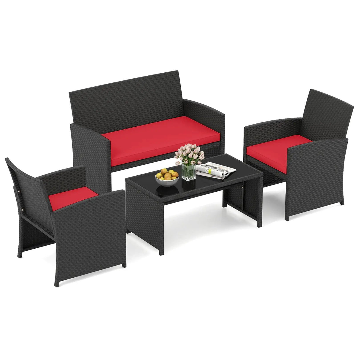 4 Pieces Patio Furniture Set with Tempered Glass Tabletop and Removable Cushion, photo 19 of 40