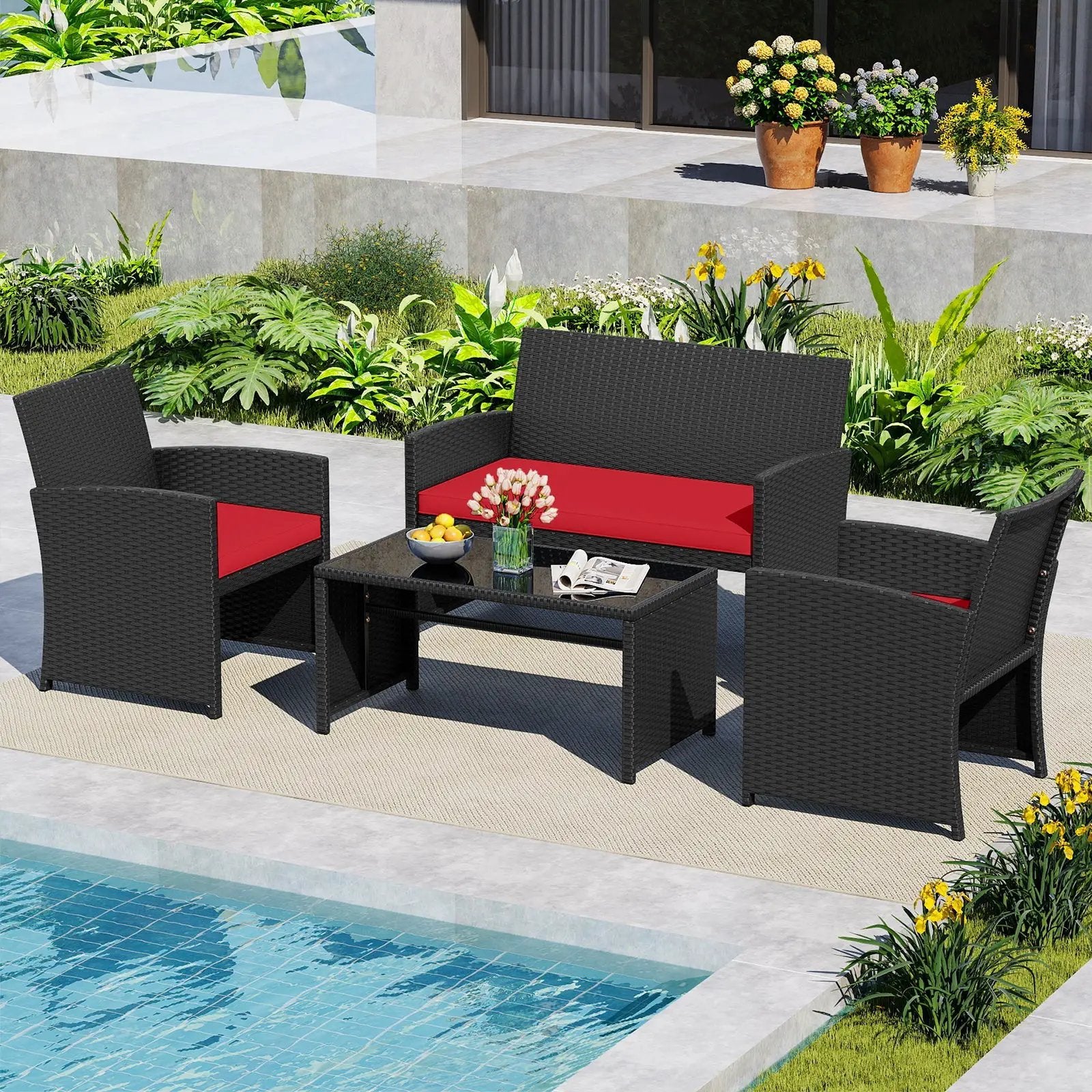 4 Pieces Patio Furniture Set with Tempered Glass Tabletop and Removable Cushion by DirectDeals