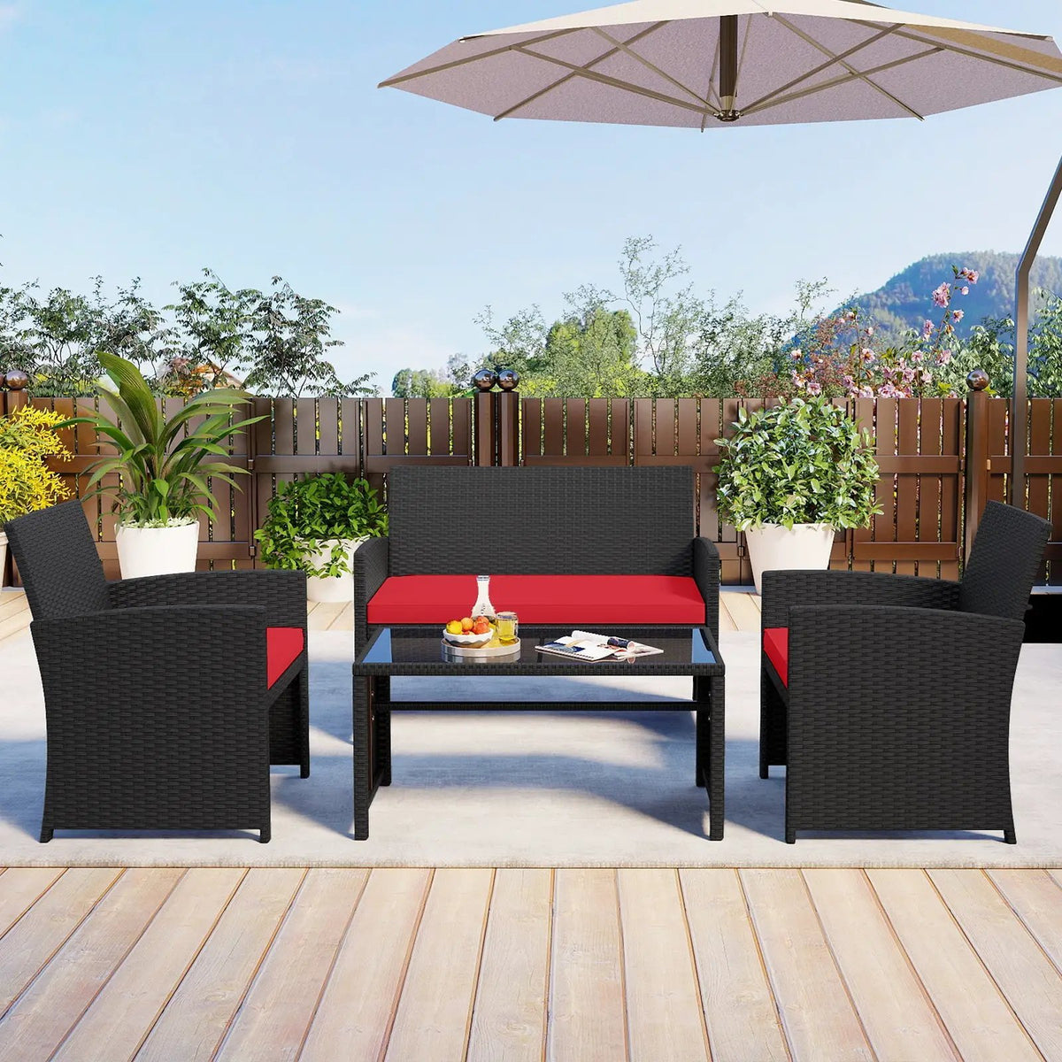 4 Pieces Patio Furniture Set with Tempered Glass Tabletop and Removable Cushion, photo 28 of 40