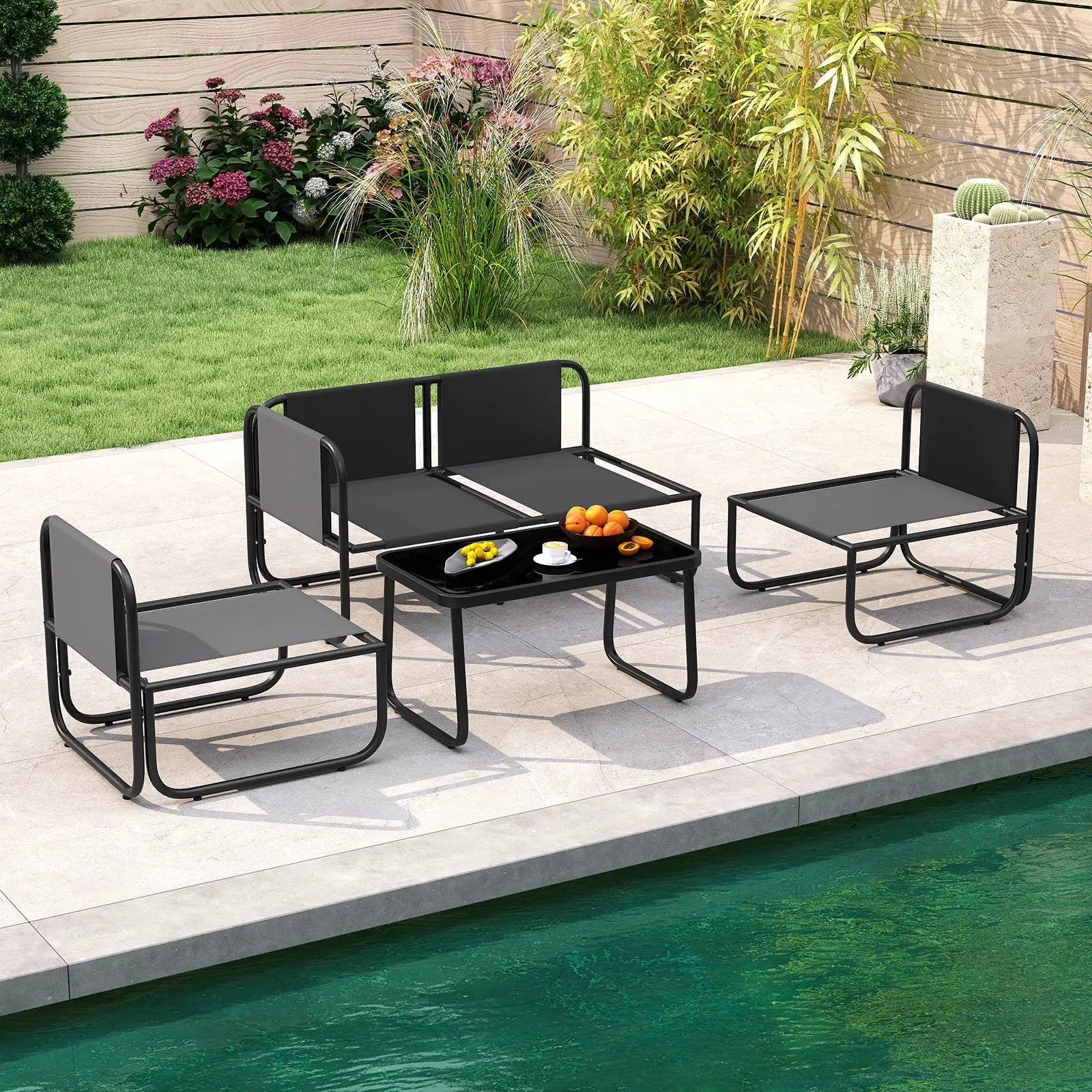 4 Pieces Patio Furniture Set with Cushions and Coffee Table-Gray by DirectDeals