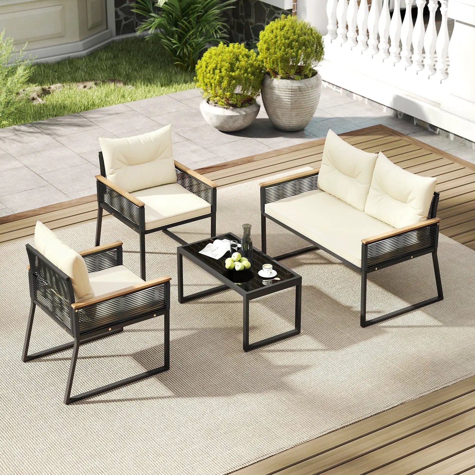 4 Pieces Patio Furniture Set Outdoor Conversation Set with Tempered Glass Coffee Table-Black by DirectDeals