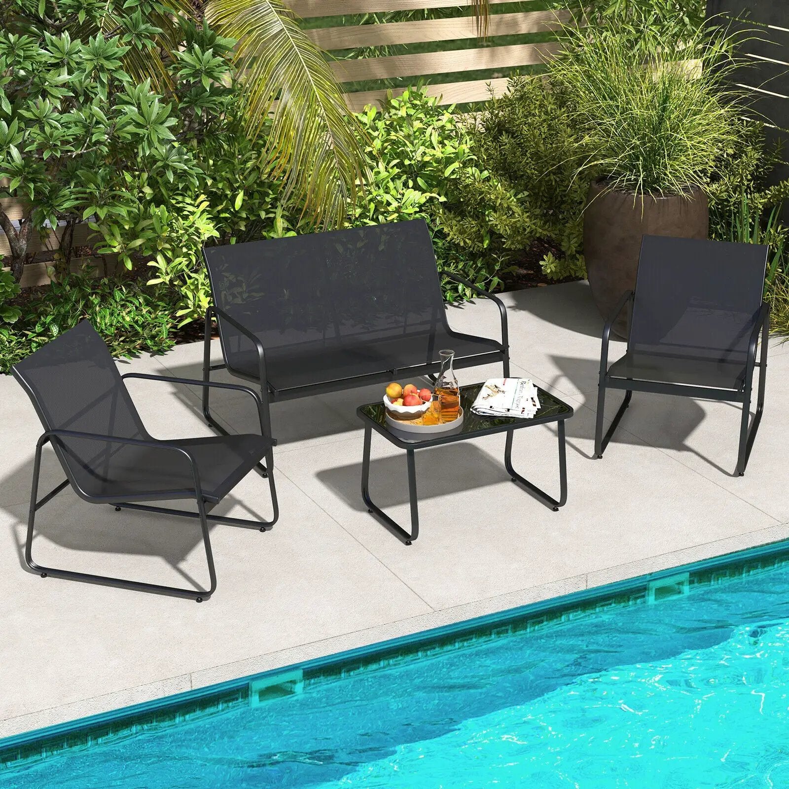 4 Pieces Outdoor Conversation Set with Tempered Glass Coffee Table-Black by DirectDeals