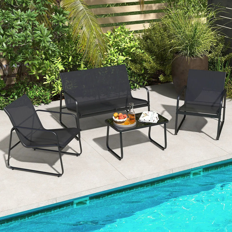 4 Pieces Outdoor Conversation Set with Tempered Glass Coffee Table-Black by DirectDeals