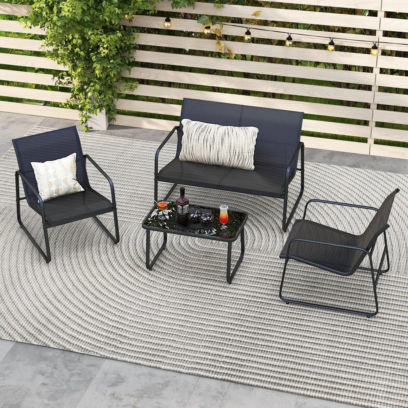 4 Pieces Outdoor Conversation Set with Tempered Glass Coffee Table-Black by DirectDeals