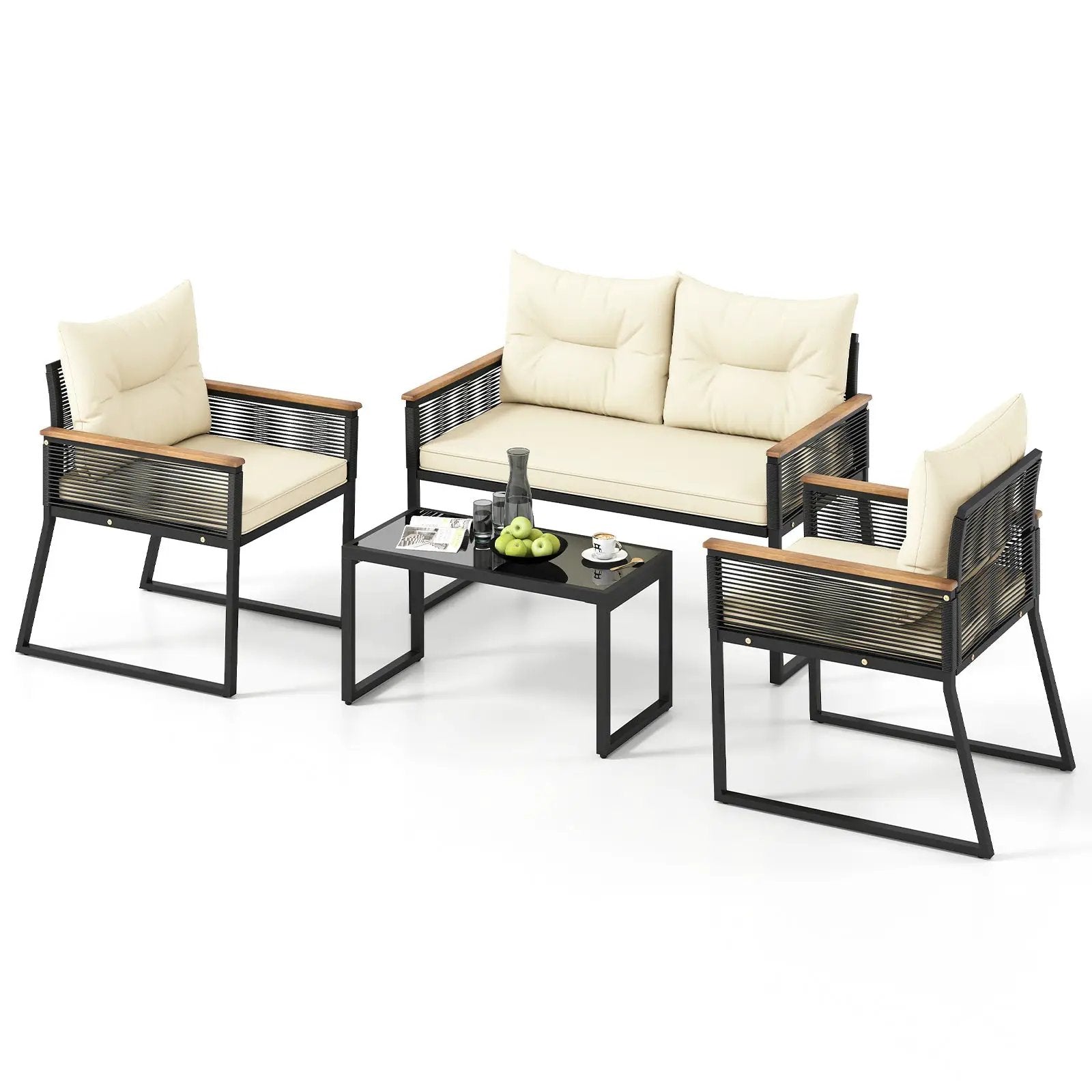 4 Pieces Patio Furniture Set Outdoor Conversation Set with Tempered Glass Coffee Table-Black by DirectDeals