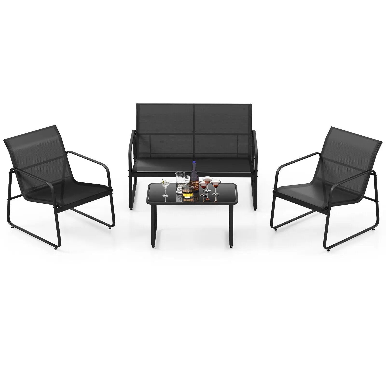 4 Pieces Outdoor Conversation Set with Tempered Glass Coffee Table-Black by DirectDeals