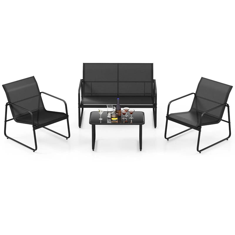 4 Pieces Outdoor Conversation Set with Tempered Glass Coffee Table-Black by DirectDeals