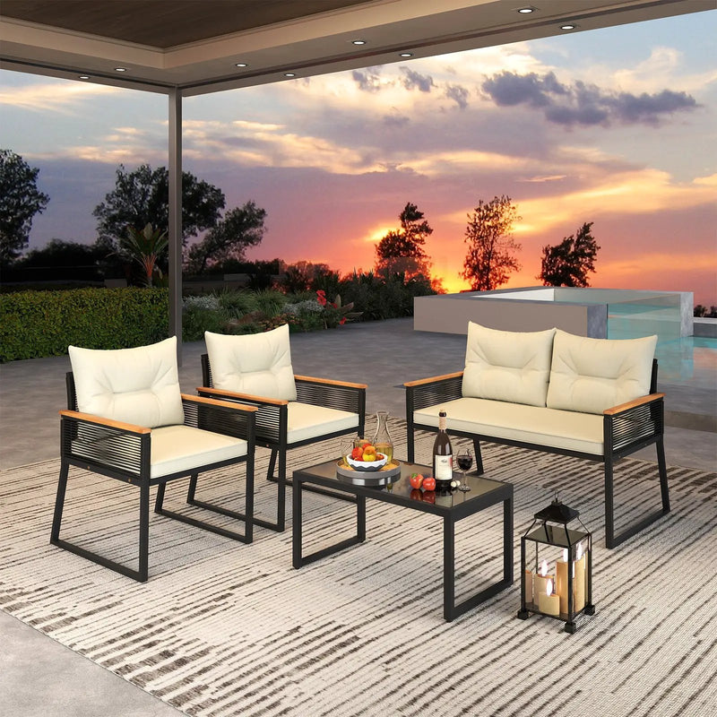 4 Pieces Patio Furniture Set Outdoor Conversation Set with Tempered Glass Coffee Table-Black by DirectDeals