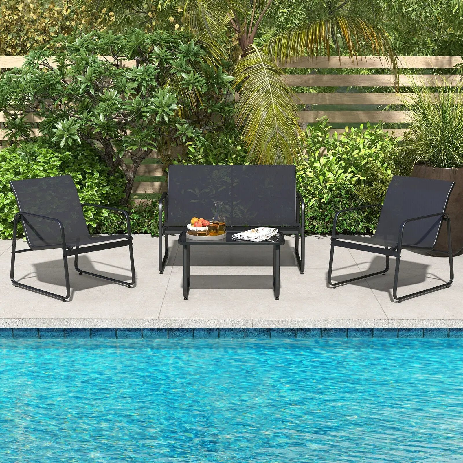 4 Pieces Outdoor Conversation Set with Tempered Glass Coffee Table-Black by DirectDeals