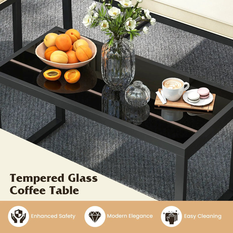 4 Pieces Patio Furniture Set Outdoor Conversation Set with Tempered Glass Coffee Table-Black by DirectDeals