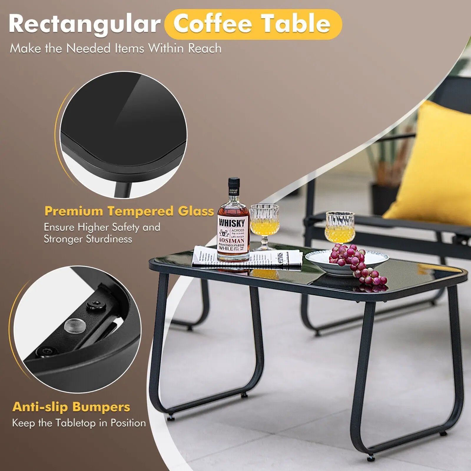 4 Pieces Outdoor Conversation Set with Tempered Glass Coffee Table-Black by DirectDeals
