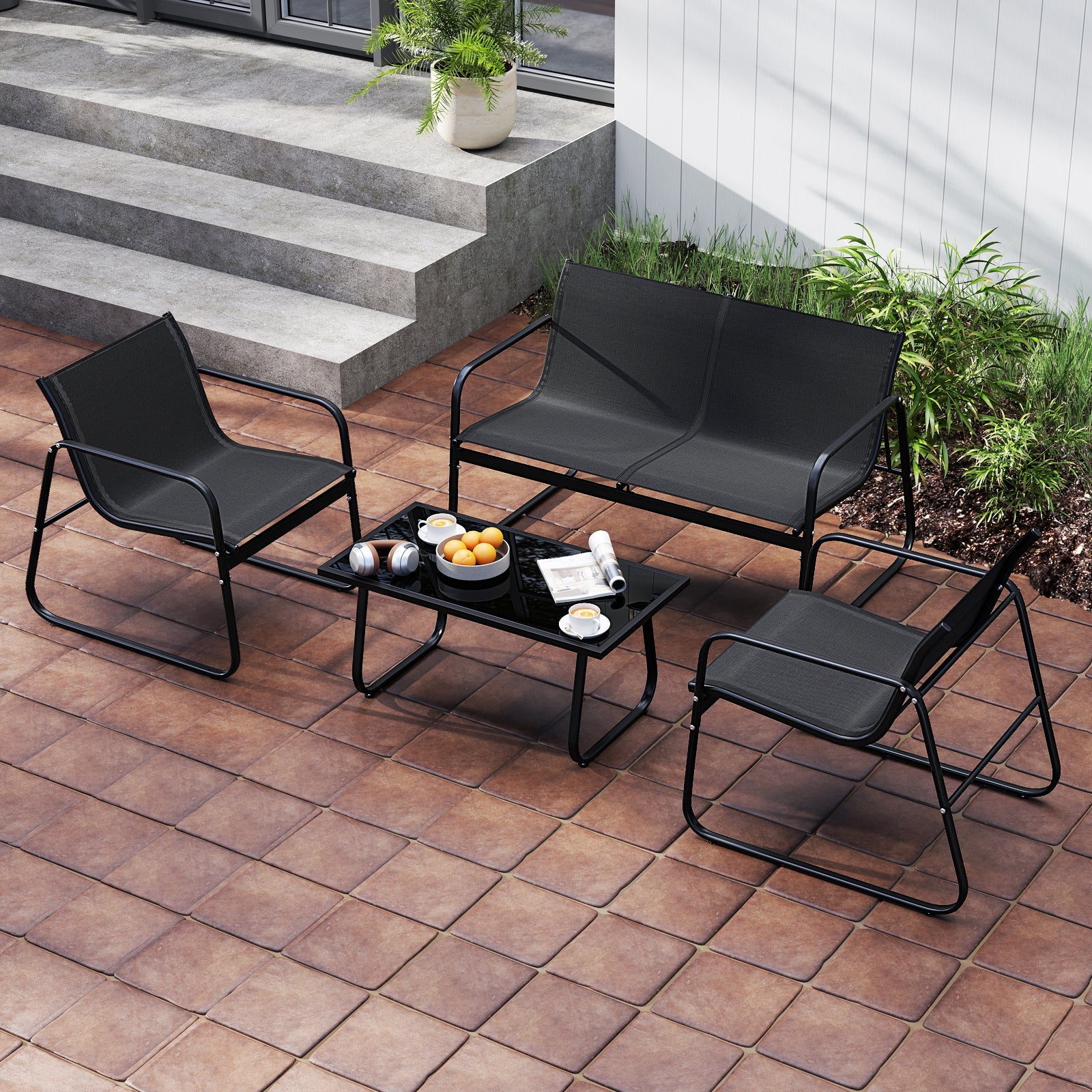 4 Pieces Patio Furniture Set Fabric Lawn Chairs and Loveseat with Glass Coffee Table by DirectDeals