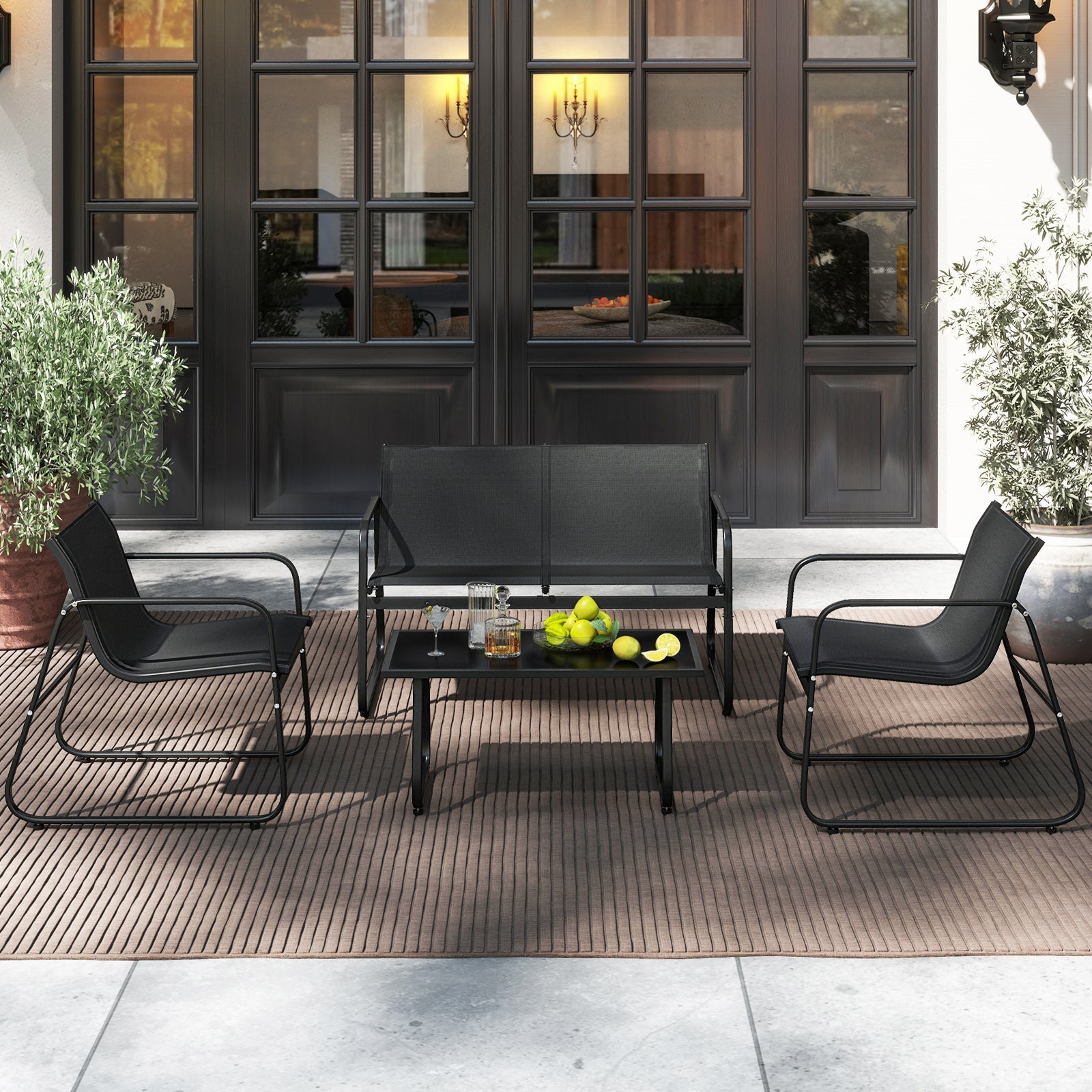 4 Pieces Patio Furniture Set Fabric Lawn Chairs and Loveseat with Glass Coffee Table by DirectDeals