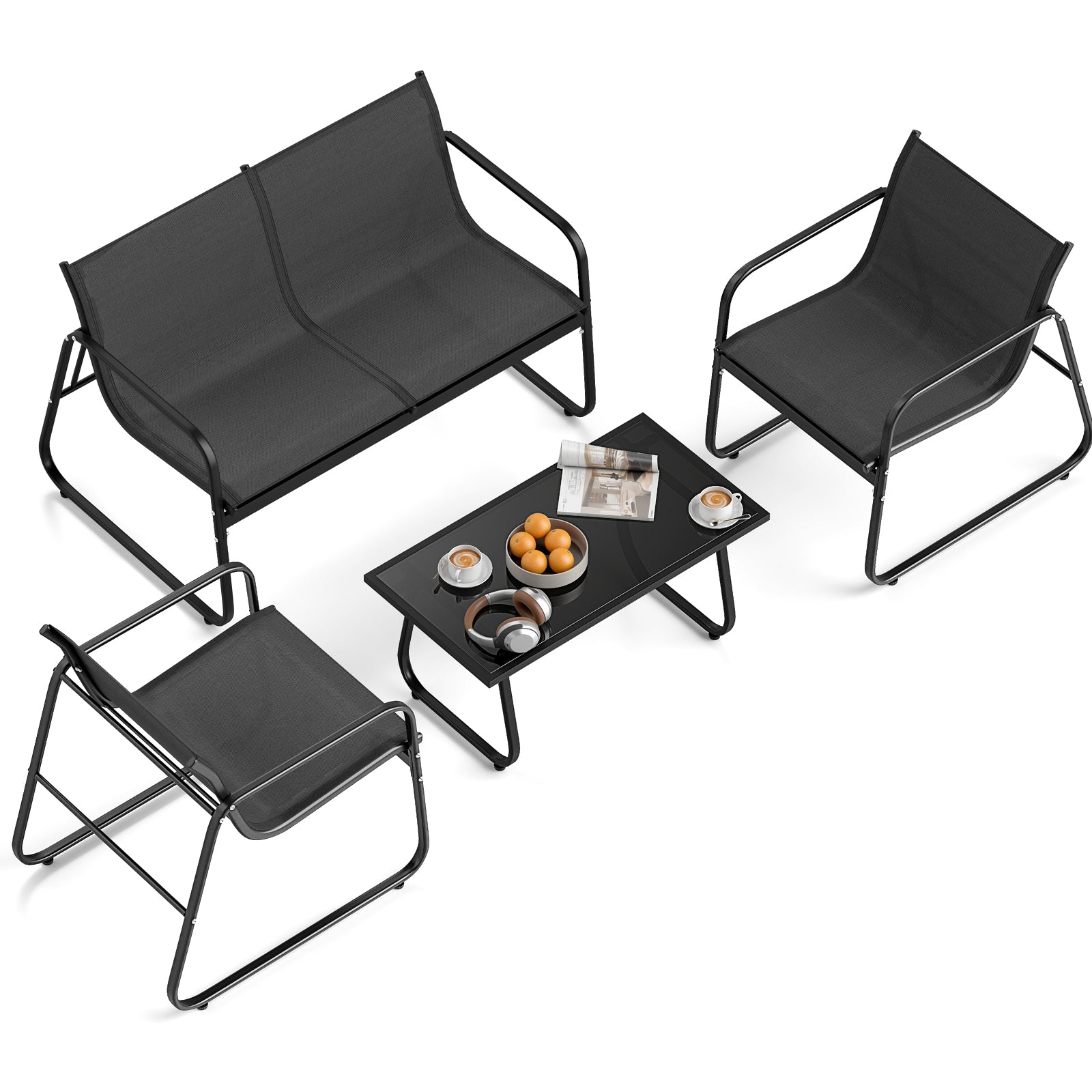 4 Pieces Patio Furniture Set Fabric Lawn Chairs and Loveseat with Glass Coffee Table by DirectDeals