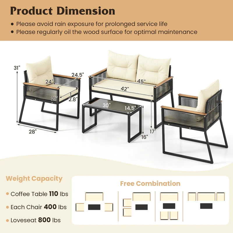 4 Pieces Patio Furniture Set Outdoor Conversation Set with Tempered Glass Coffee Table-Black by DirectDeals
