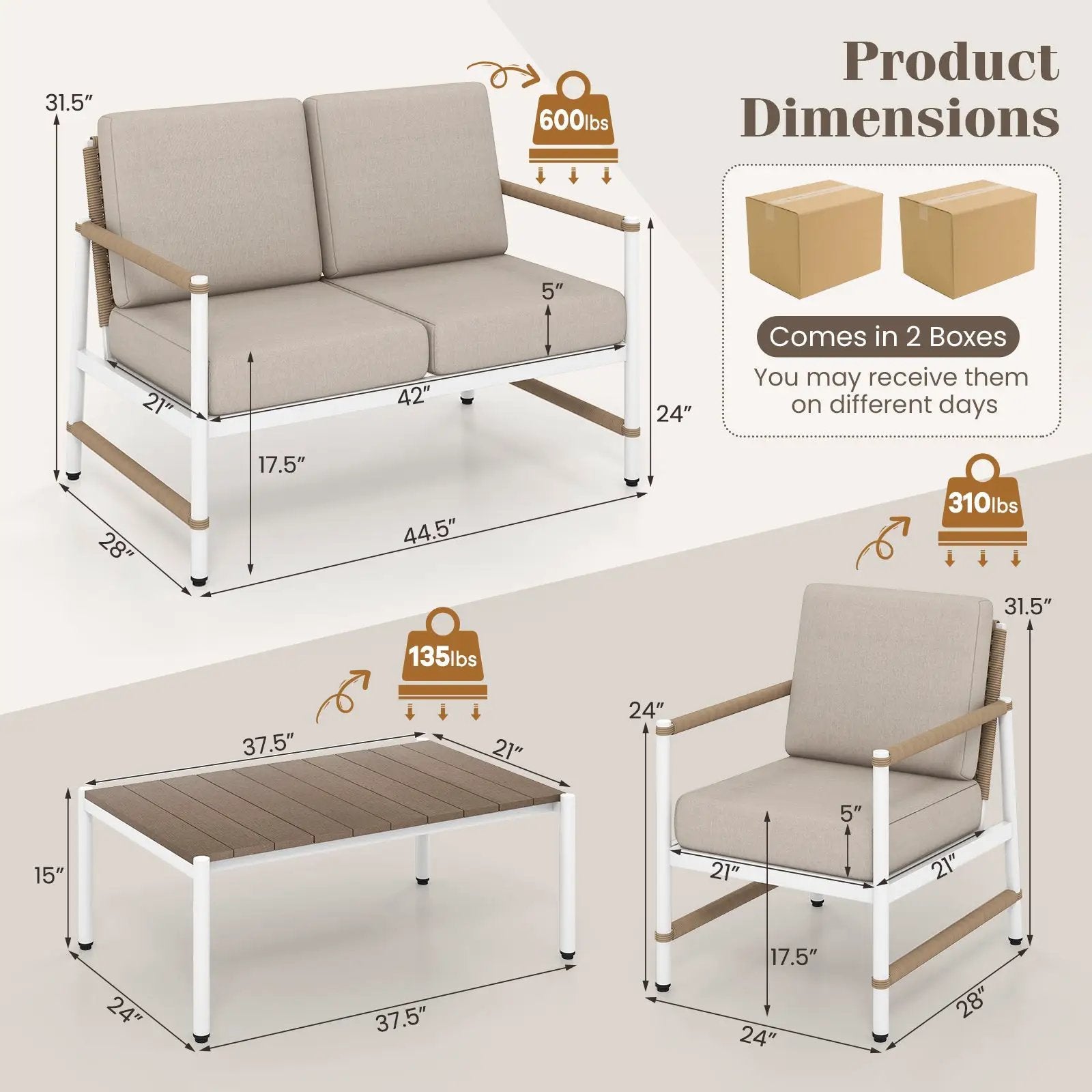 4 Pieces Patio Furniture Set with Thick Cushions and a Coffee Table-Gray by DirectDeals