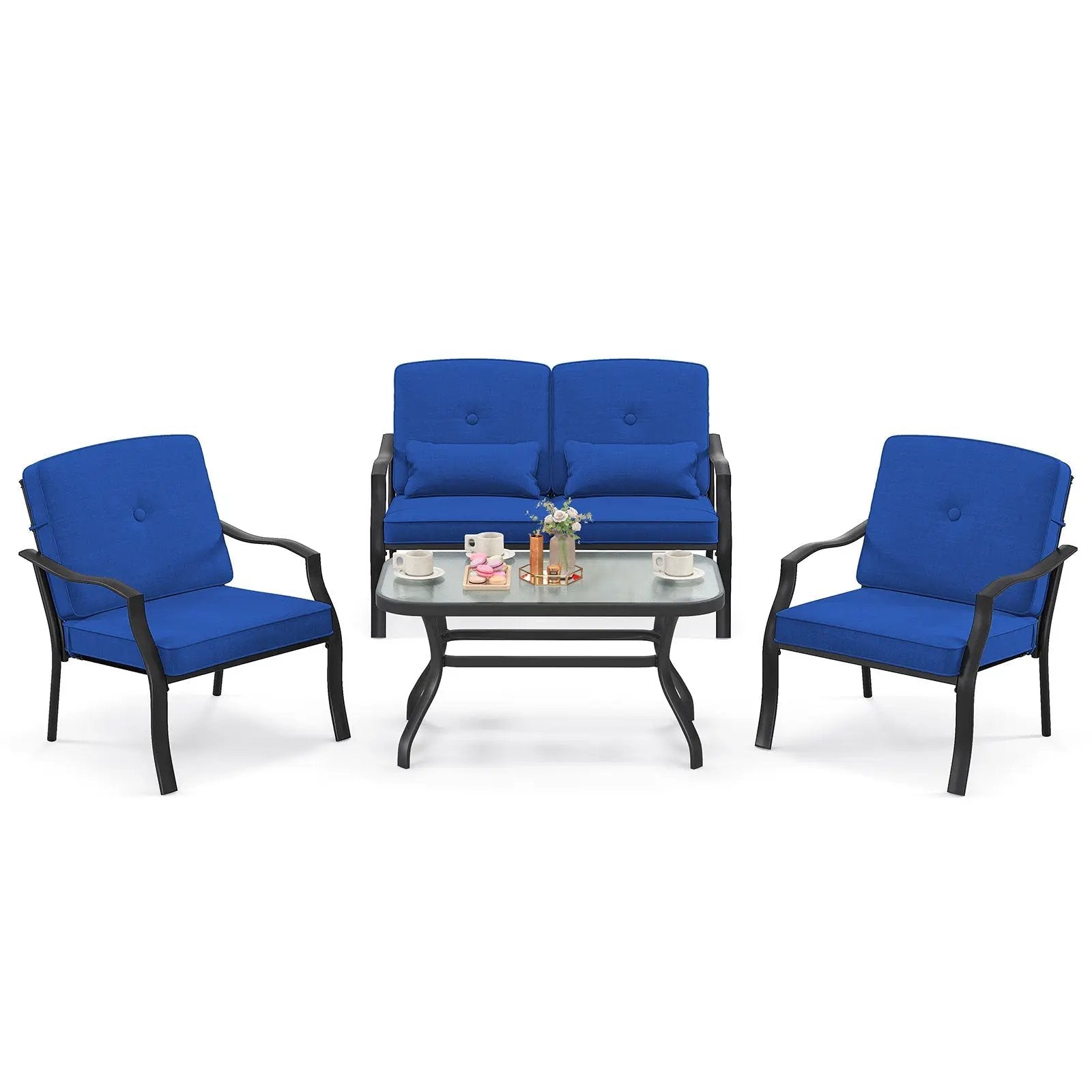 4 Pieces Outdoor Conversation Set with Seat Back Cushions and Waist Pillows by DirectDeals