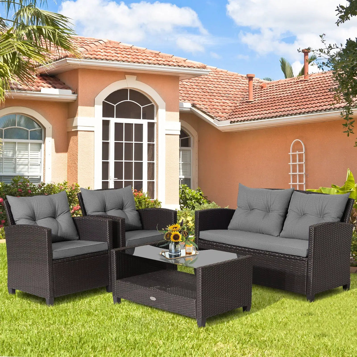 4 Pieces Patio Rattan Conversation Furniture Set with Glass Top Coffee Table-Gray, photo 2 of 9
