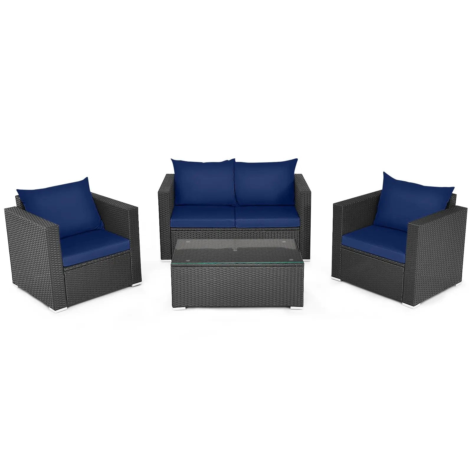 4 Pieces Patio Rattan Conversation Set with Cushions and Coffee Table-Black by DirectDeals