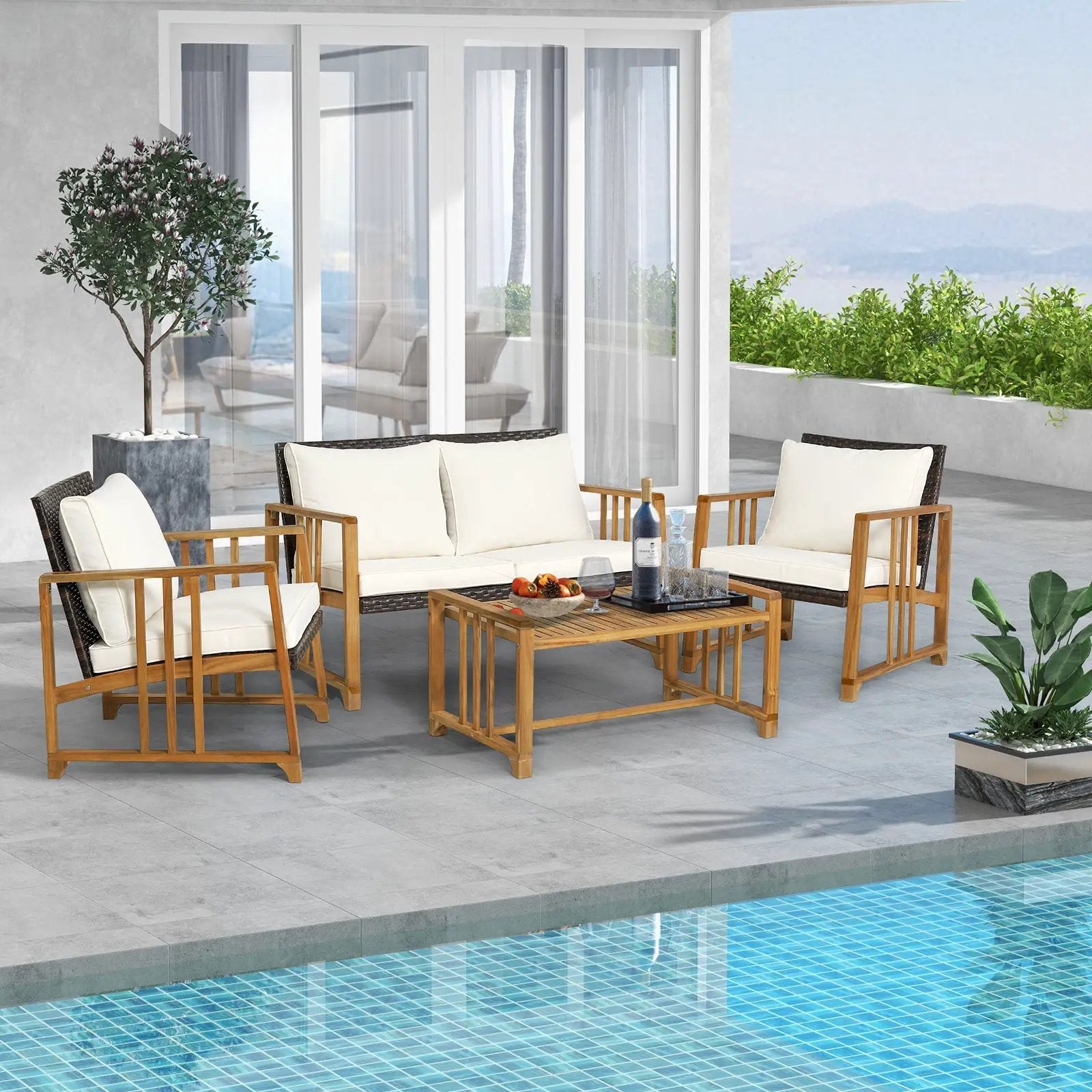 4 Pieces Patio Rattan Conversation Set with Seat and Back Cushions-Off White by DirectDeals