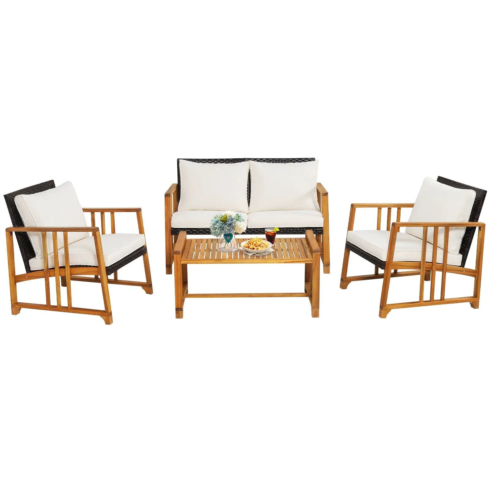 4 Pieces Patio Rattan Conversation Set with Seat and Back Cushions-Off White by DirectDeals