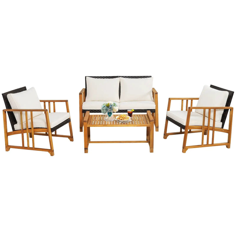 4 Pieces Patio Rattan Conversation Set with Seat and Back Cushions-Off White by DirectDeals