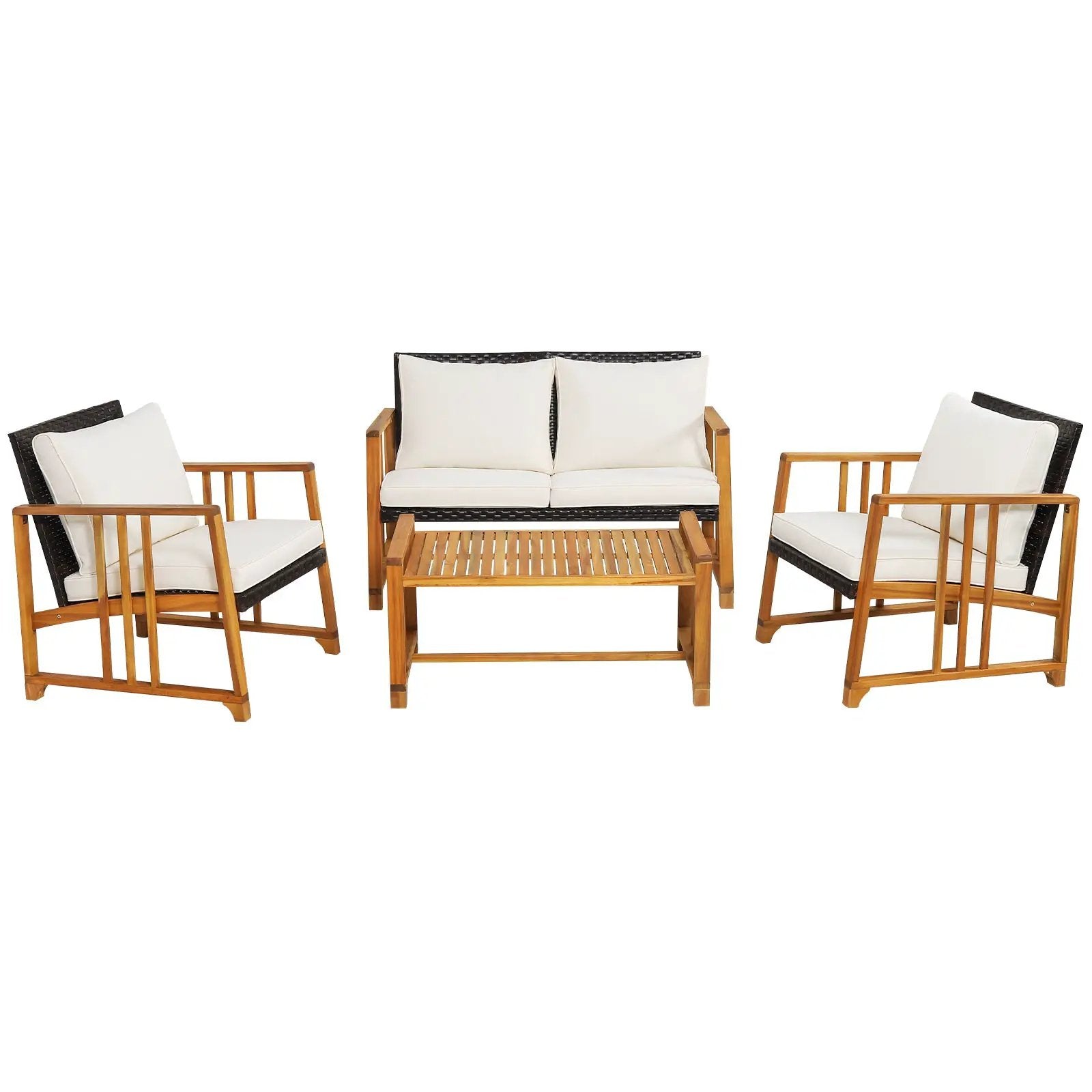 4 Pieces Patio Rattan Conversation Set with Seat and Back Cushions-Off White by DirectDeals