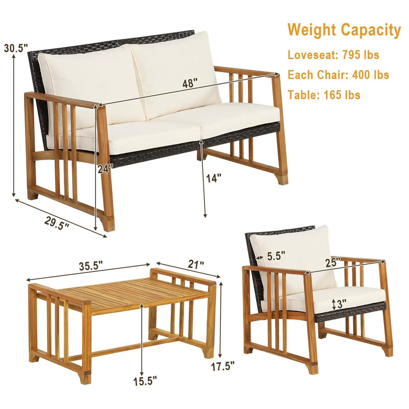4 Pieces Patio Rattan Conversation Set with Seat and Back Cushions-Off White by DirectDeals