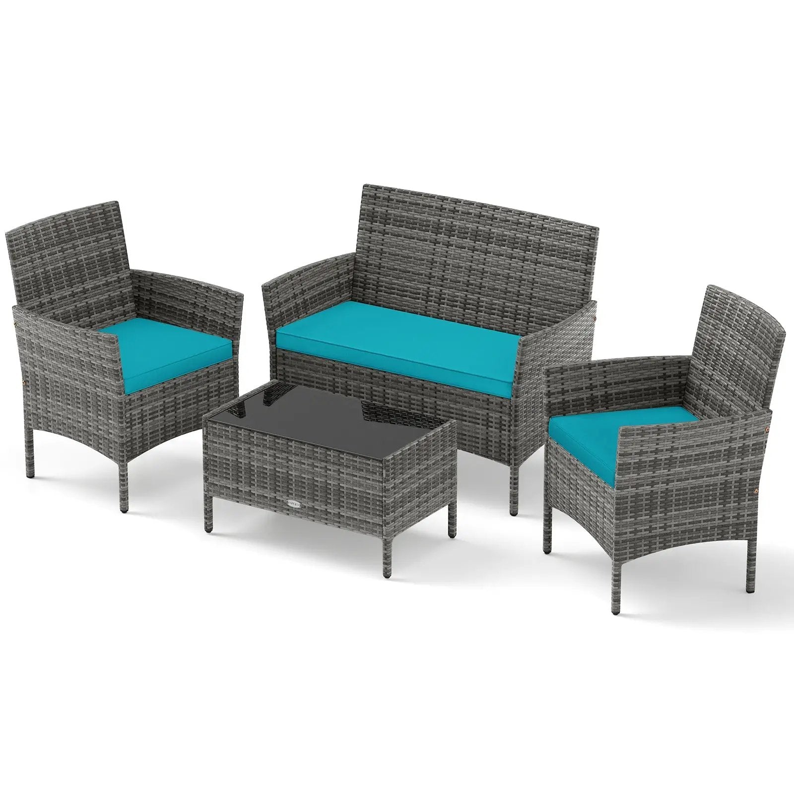 4 Pieces Patio Rattan Conversation Set with Tempered Glass Coffee Table by DirectDeals