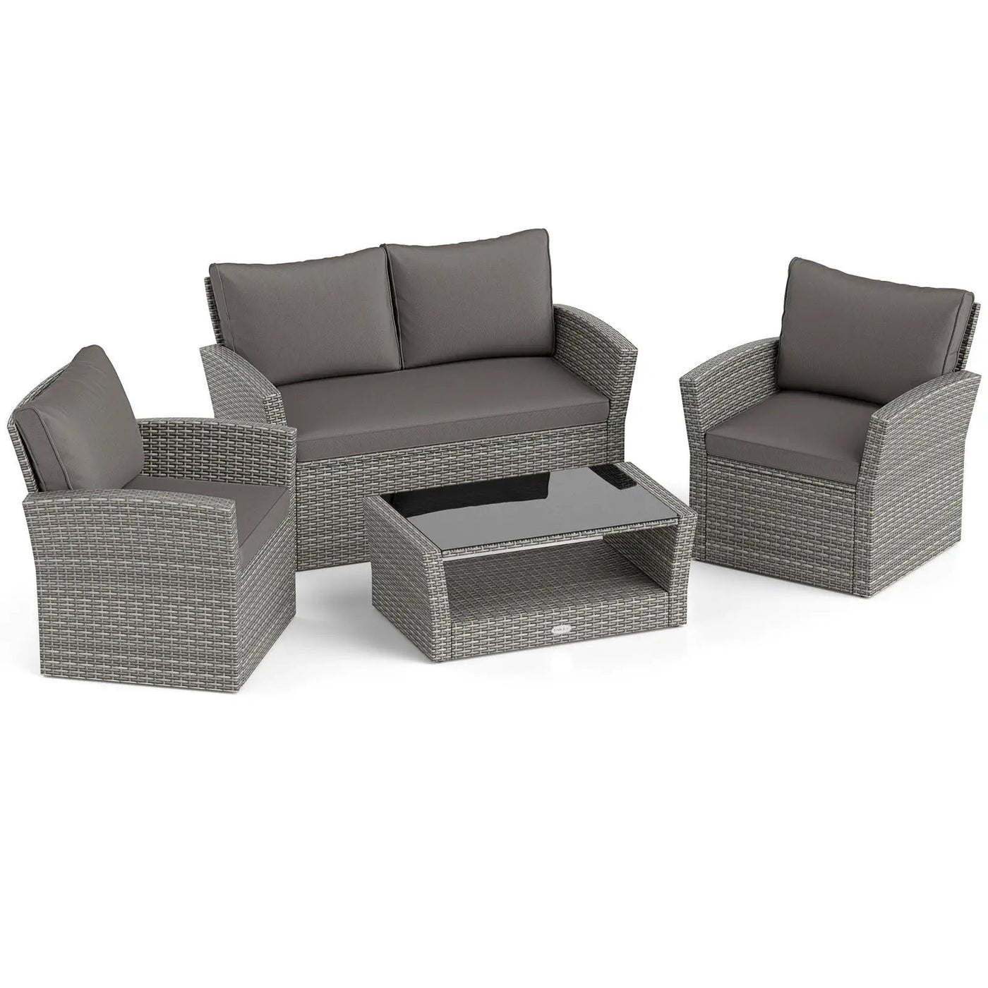 4 Pieces Patio Rattan Furniture Set Sofa Table with Storage Shelf Cushion by DirectDeals