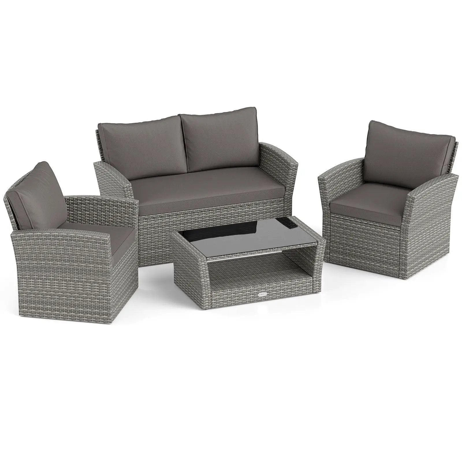 4 Pieces Patio Rattan Furniture Set Sofa Table with Storage Shelf Cushion by DirectDeals