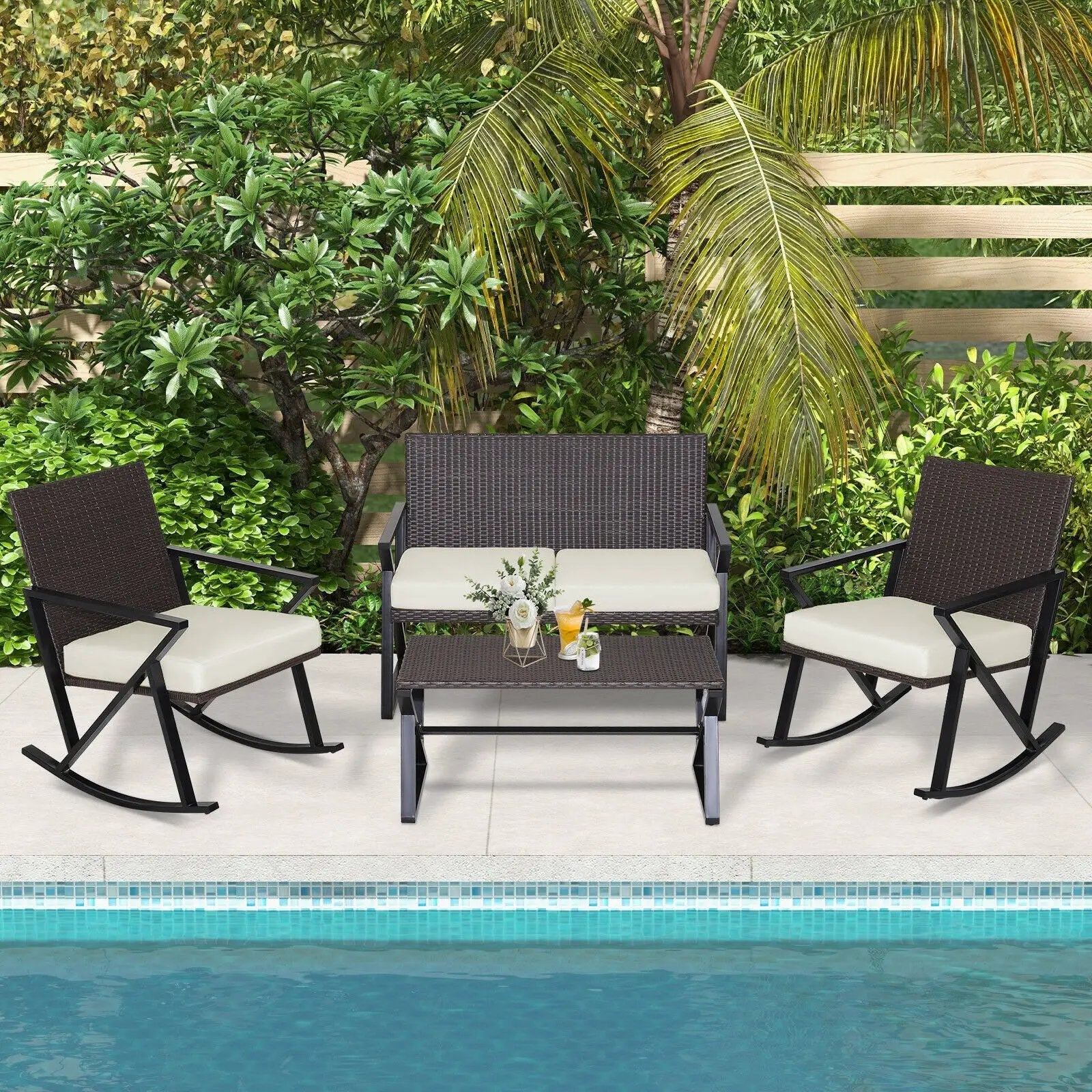 4 Pieces Rattan Patio Rocking Furniture Set with Loveseat and Coffee Table by DirectDeals