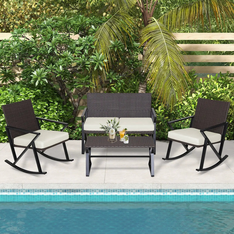 4 Pieces Rattan Patio Rocking Furniture Set with Loveseat and Coffee Table by DirectDeals
