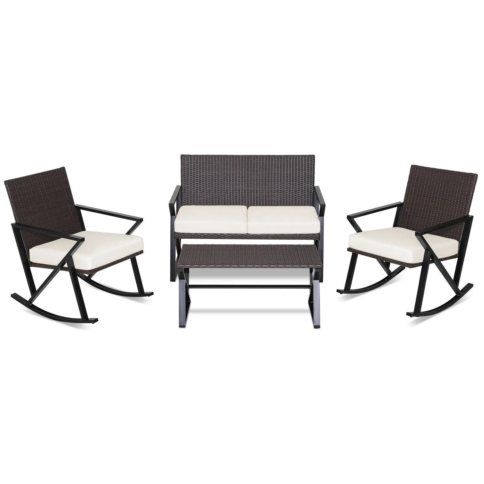 4 Pieces Rattan Patio Rocking Furniture Set with Loveseat and Coffee Table by DirectDeals