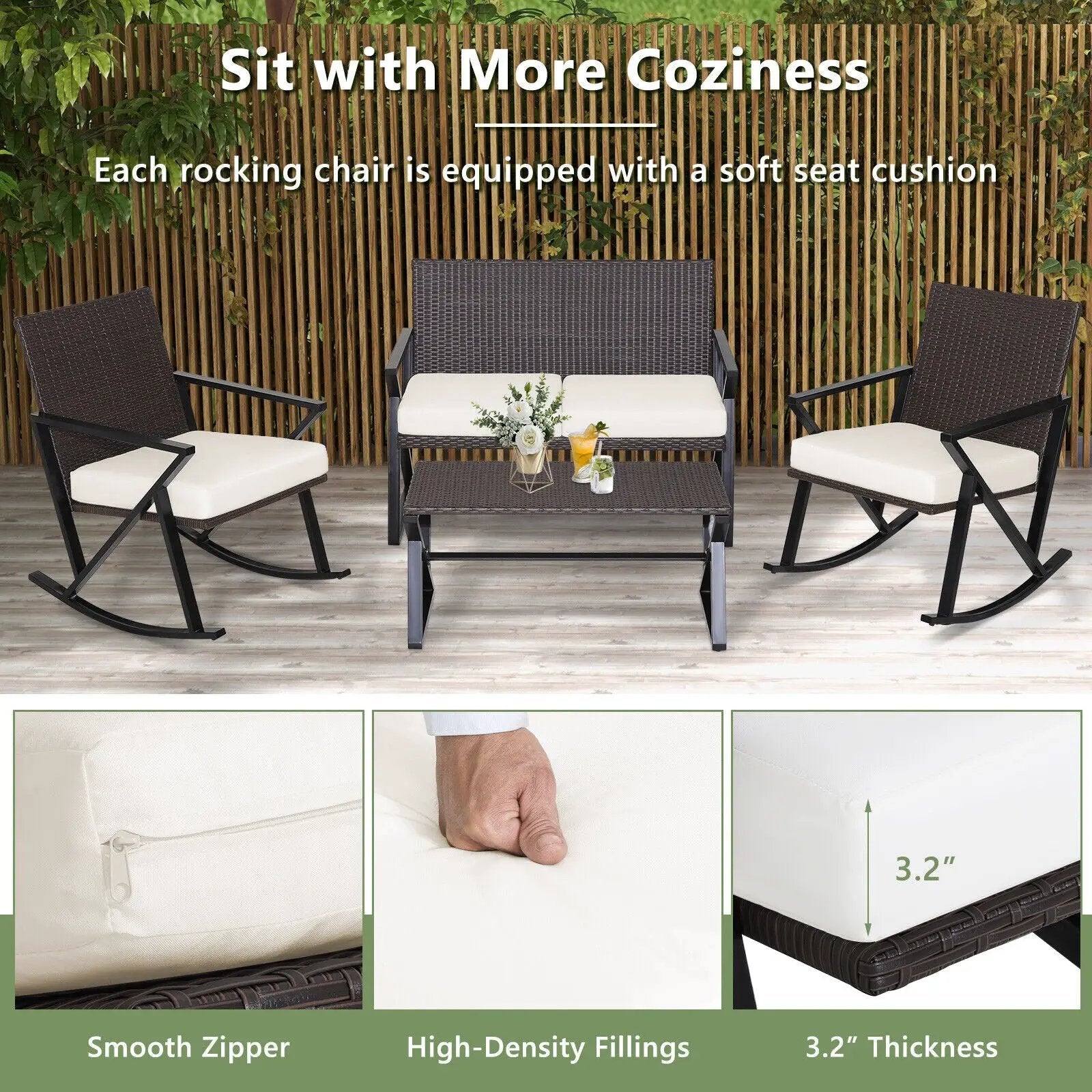 4 Pieces Rattan Patio Rocking Furniture Set with Loveseat and Coffee Table by DirectDeals