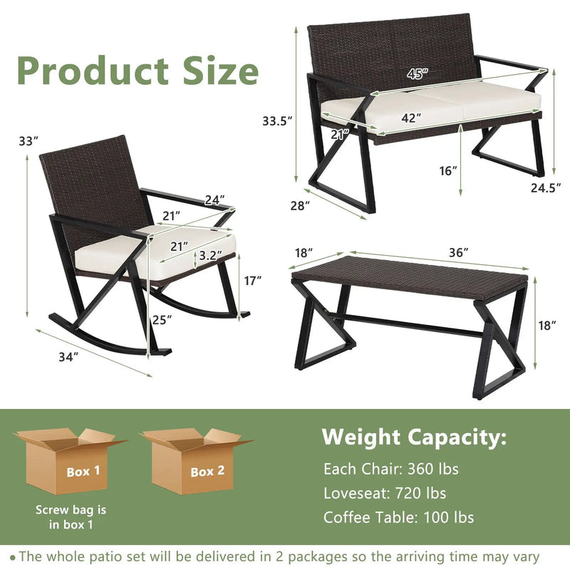 4 Pieces Rattan Patio Rocking Furniture Set with Loveseat and Coffee Table by DirectDeals
