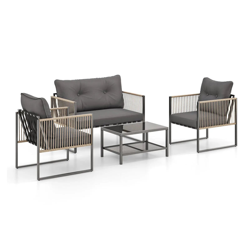 4 Pieces Outdoor PE Rattan Conversation Sofa Set with Cushions-Grey by DirectDeals