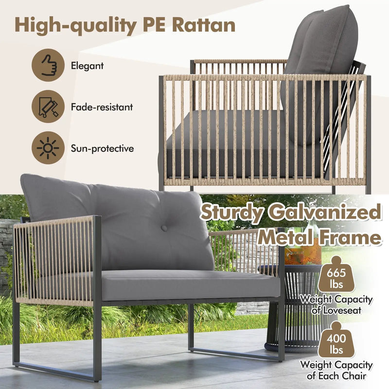 4 Pieces Outdoor PE Rattan Conversation Sofa Set with Cushions-Grey by DirectDeals