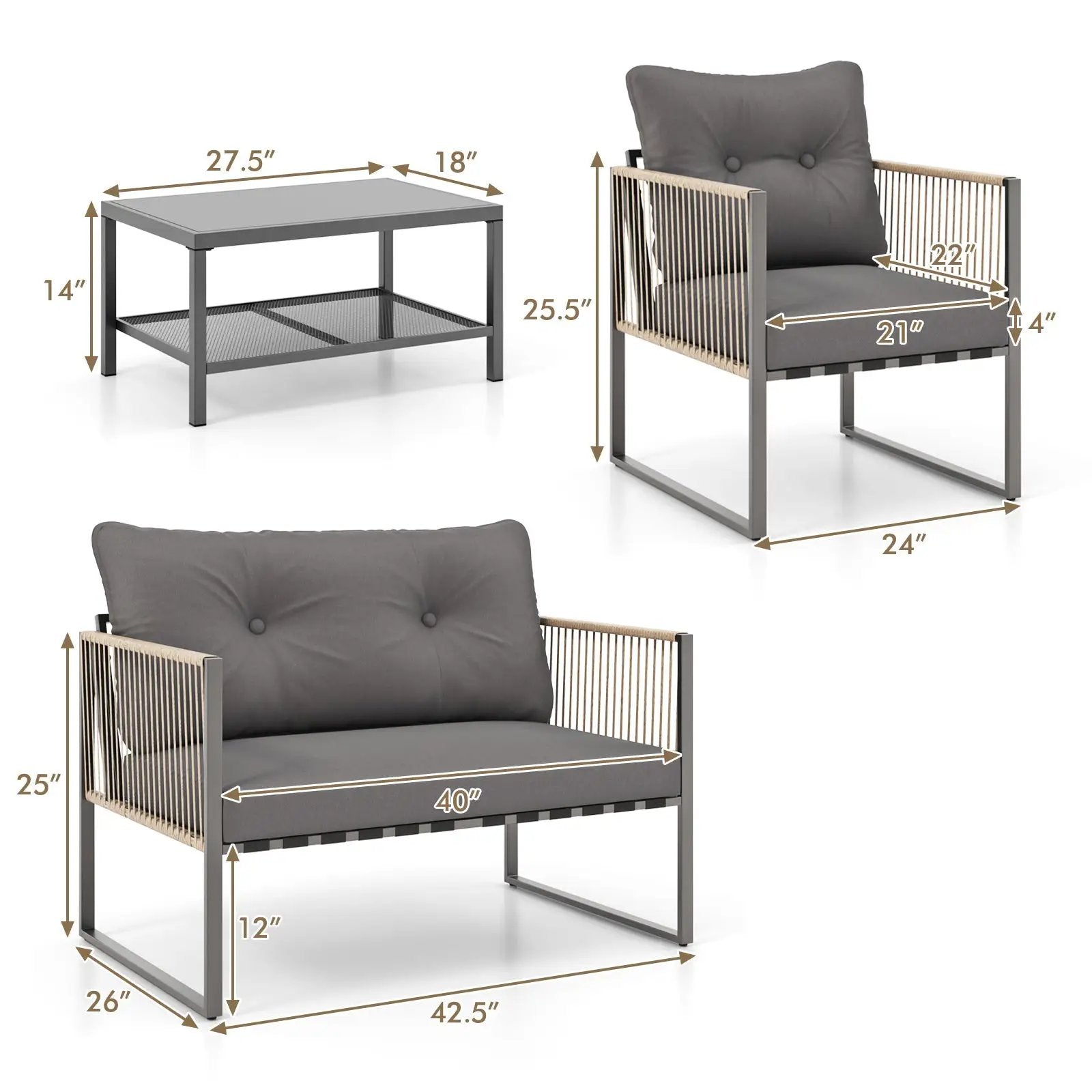 4 Pieces Outdoor PE Rattan Conversation Sofa Set with Cushions-Grey by DirectDeals