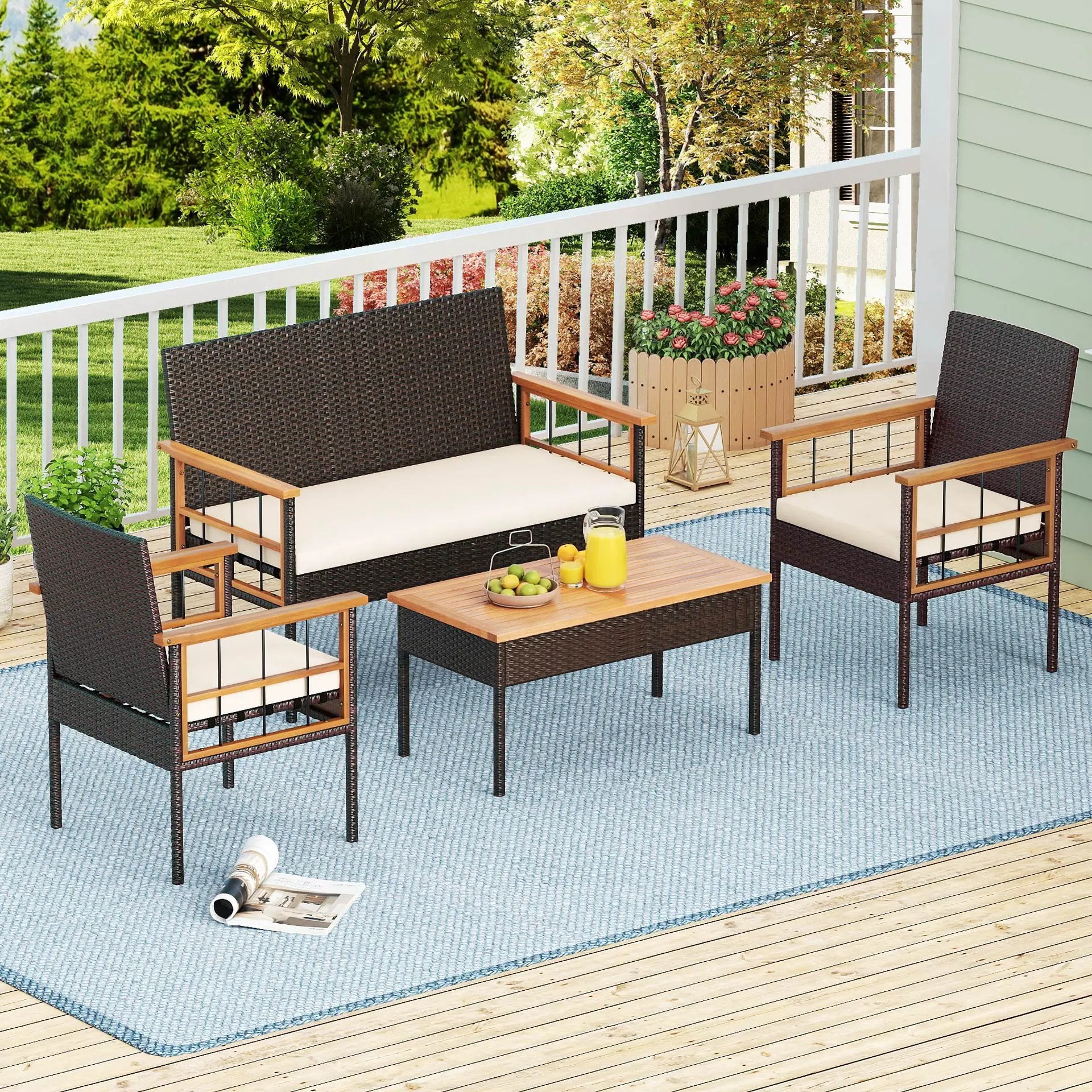 4 Pieces Wicker Furniture Set with Acacia Wood Tabletop and Armrests for Porch-White by DirectDeals