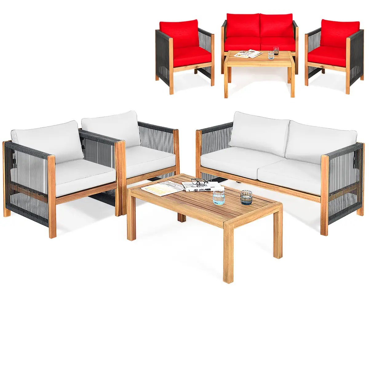 4 Pieces Wood Outdoor Patio Furniture Set with Cushions for Garden by DirectDeals