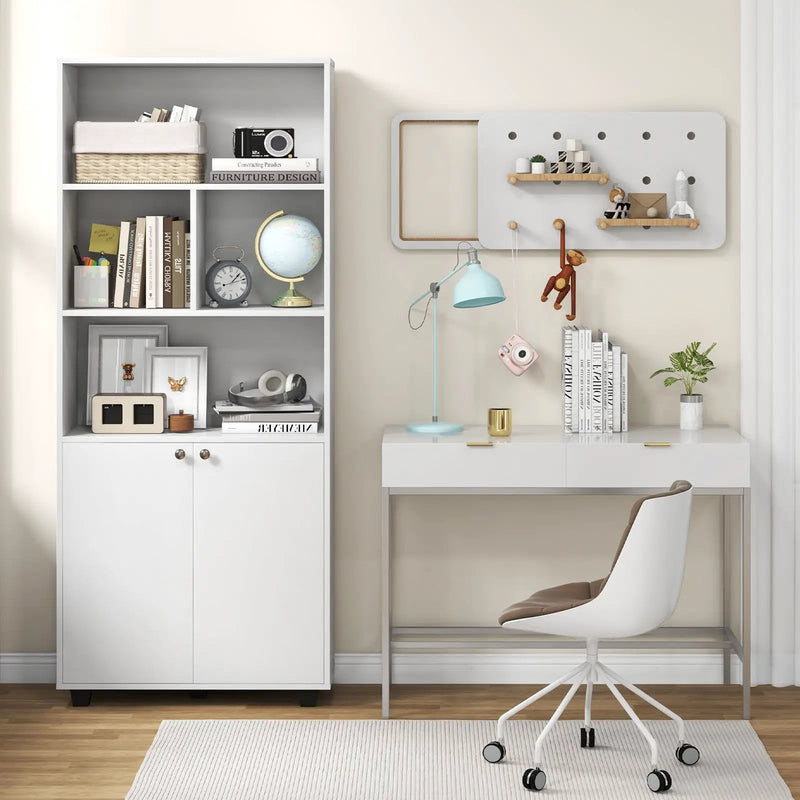 66 Inch Tall Double-Door Bookcase with Adjustable Shelf and Storage Cubes-White by DirectDeals