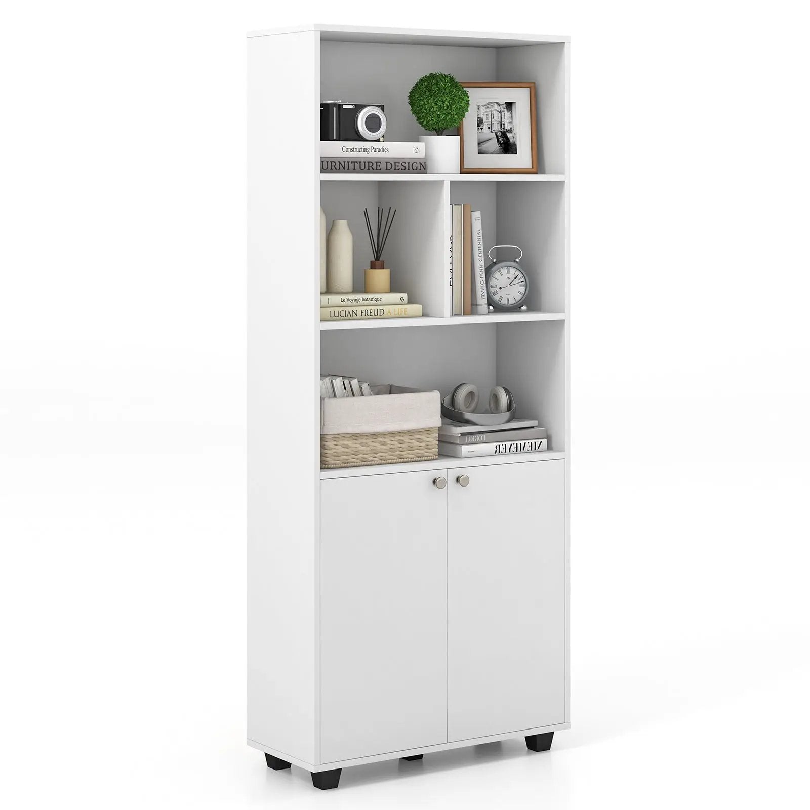66 Inch Tall Double-Door Bookcase with Adjustable Shelf and Storage Cubes-White by DirectDeals