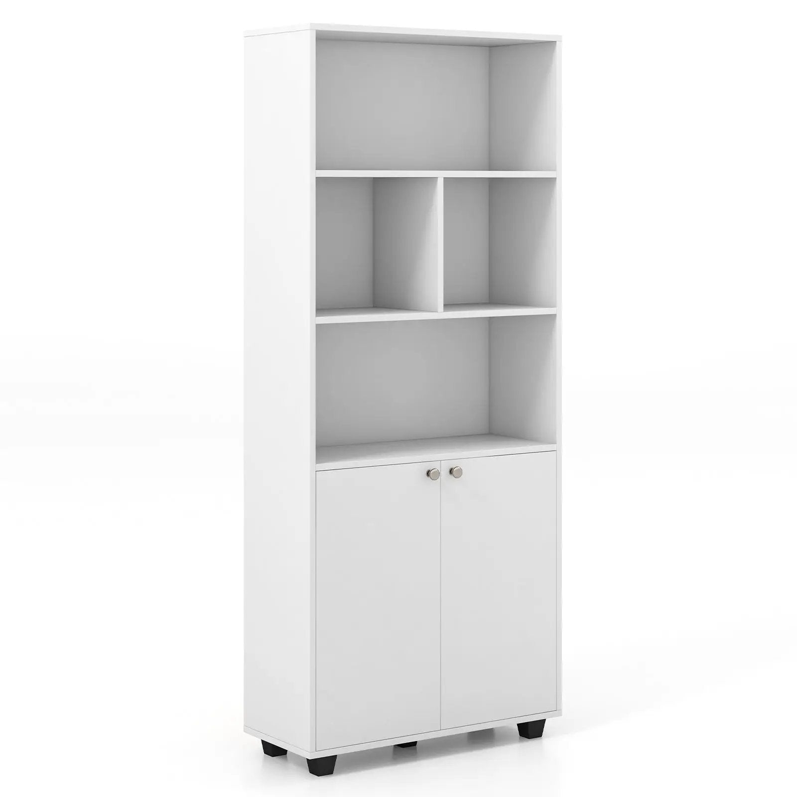 66 Inch Tall Double-Door Bookcase with Adjustable Shelf and Storage Cubes-White by DirectDeals